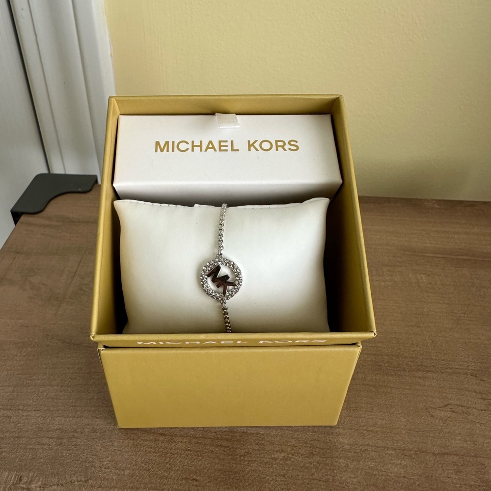 Michael Kors Signature Charm w/Stone Silver Bracelet, NWT
